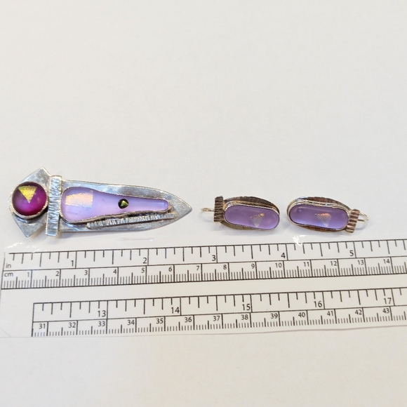 Handmade Sterling Dichroic Glass Pendant Earring Set - Picture 2 of 4